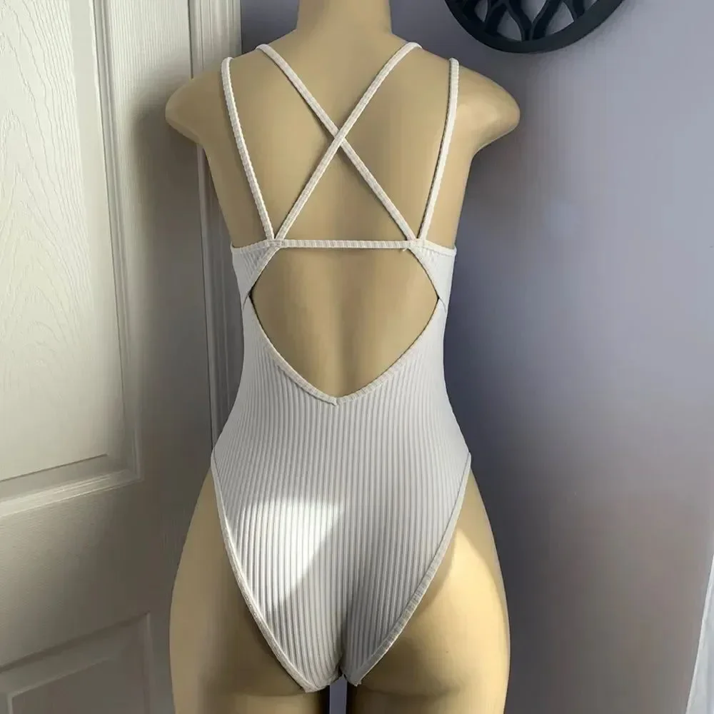 Designer low cut Sexy plunge Ribbed Swimsuit Swimwear White